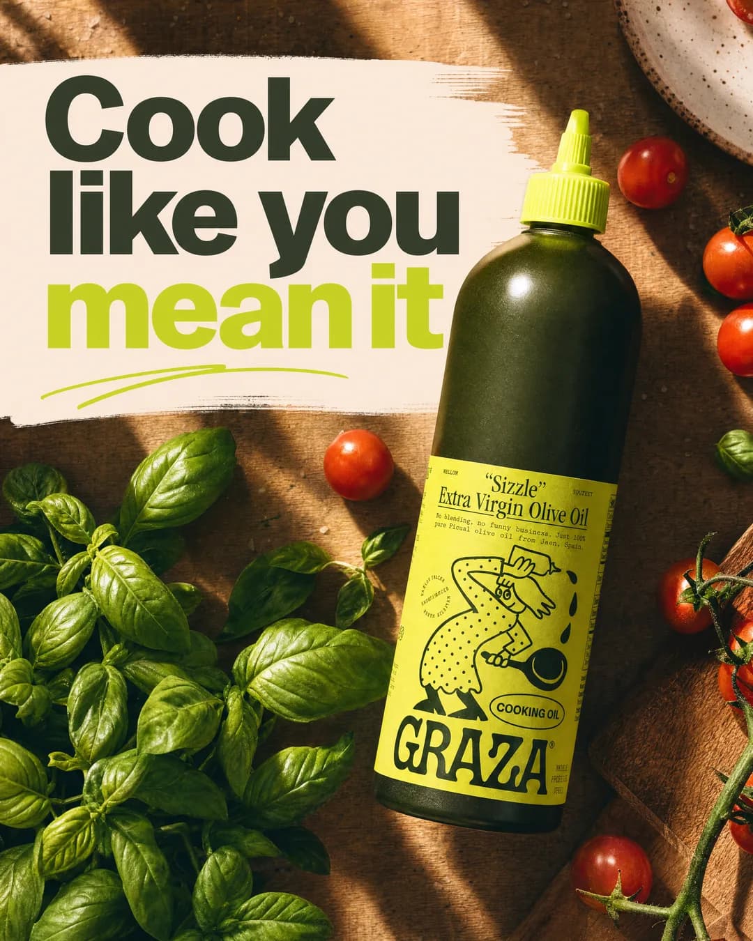 Graza Sizzle extra virgin olive oil ad generated with Lothar AI