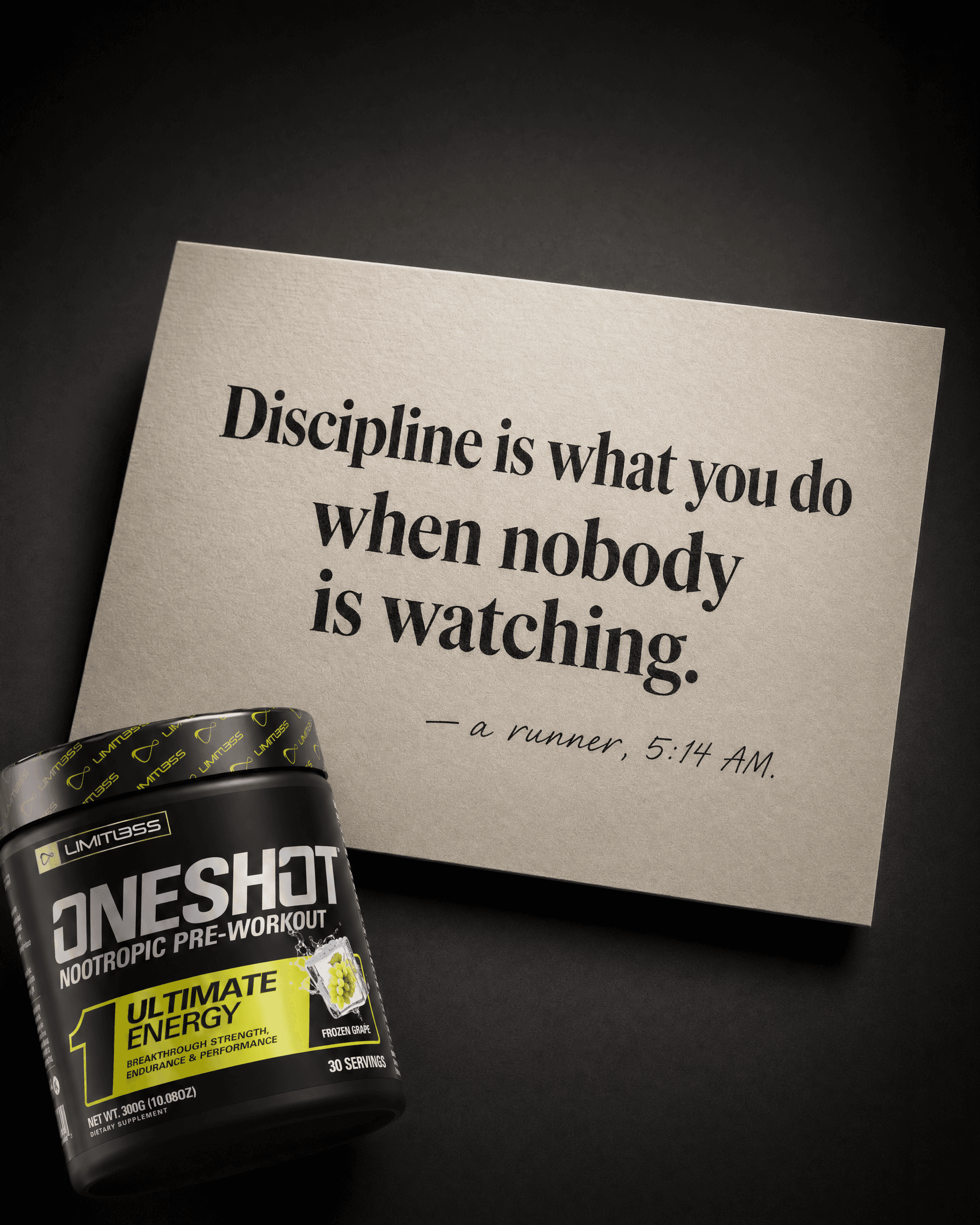 OneShot pre-workout editorial quote ad generated with Lothar AI