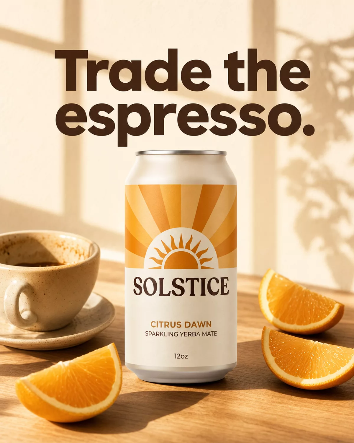 Solstice Citrus Dawn sparkling yerba mate warm still life ad generated with Lothar AI, headline reads Trade the espresso.
