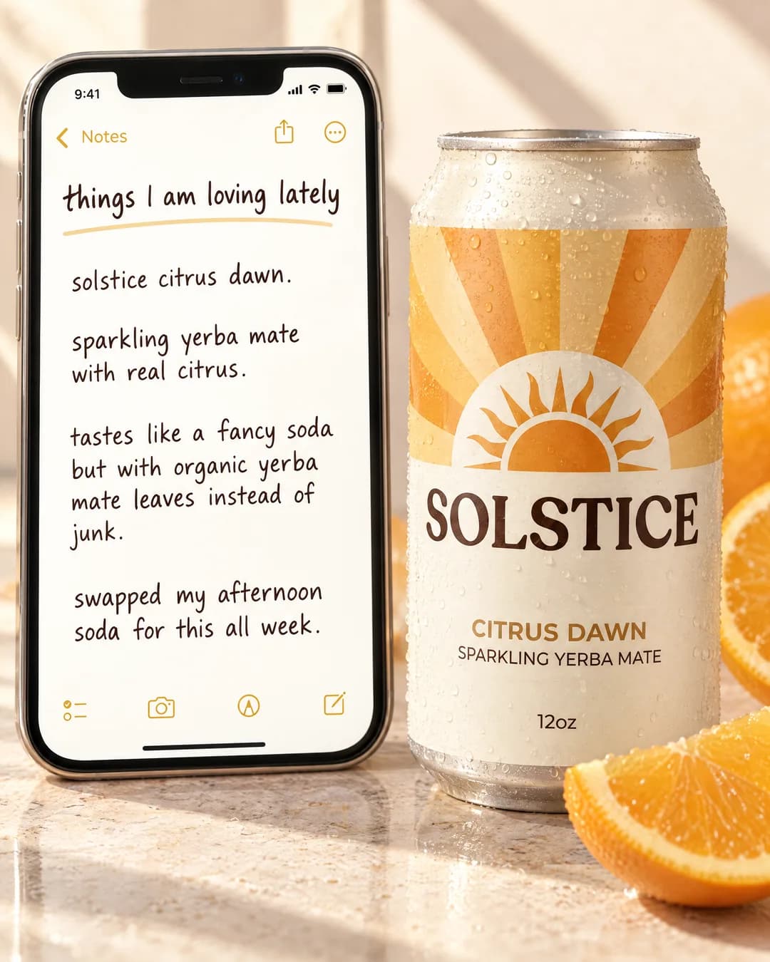 Solstice Citrus Dawn sparkling yerba mate ad generated with Lothar AI, an iPhone Notes app list titled things I am loving lately, next to the can.