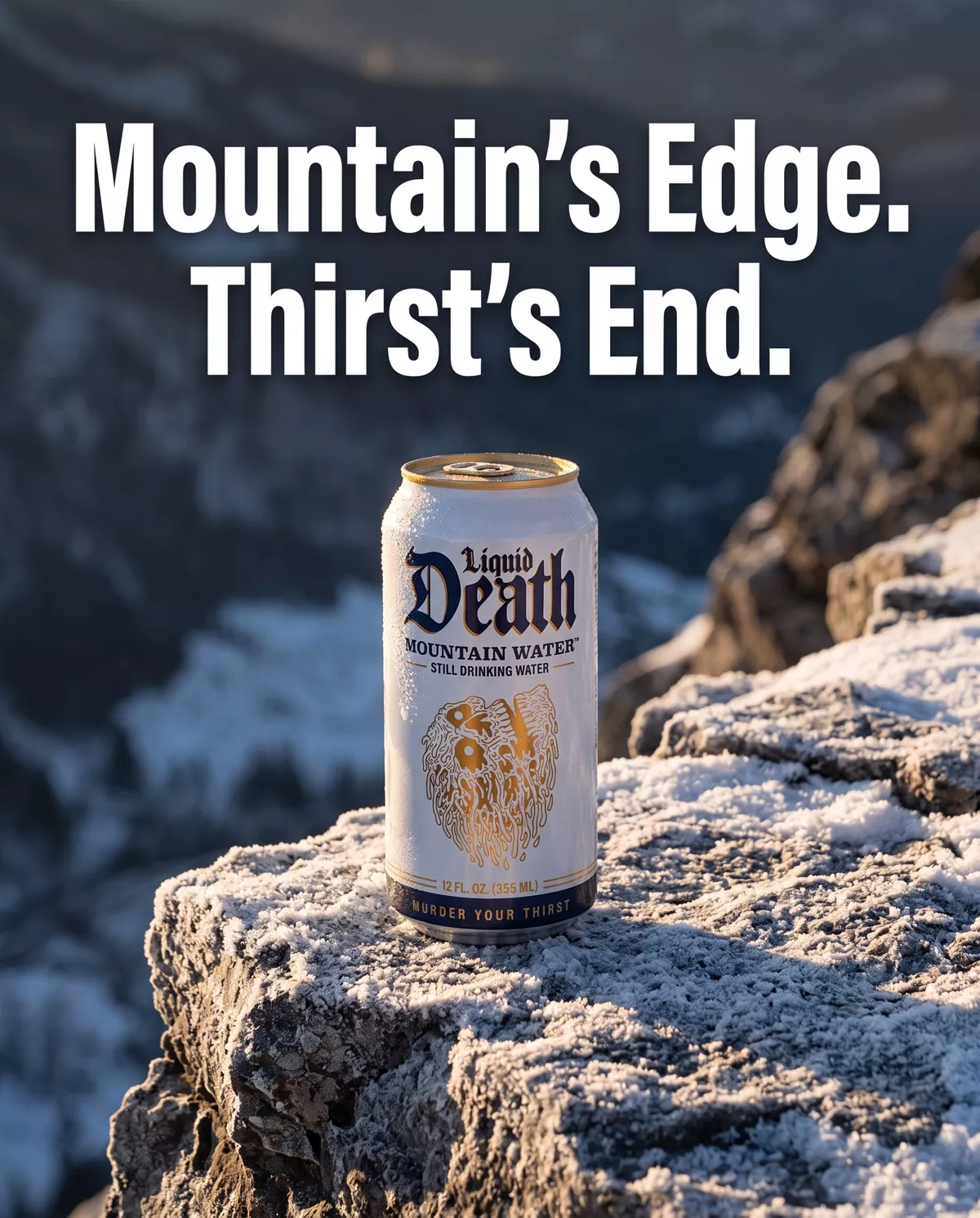 Liquid Death mountain ad before the edit, headline reads Mountain's Edge. Thirst's End.