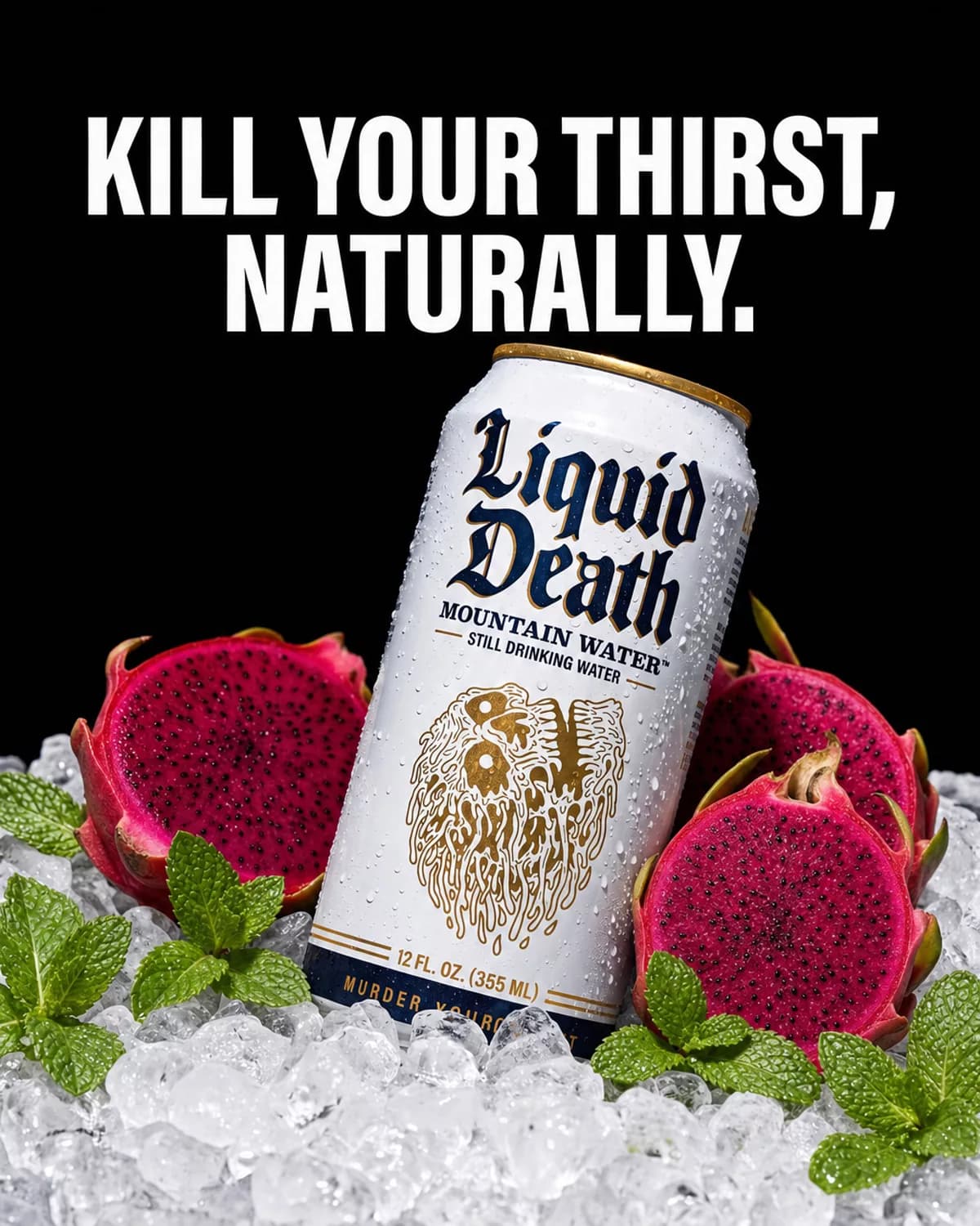 The same Liquid Death ad after the edit, the limes replaced by dragon fruit halves with vivid pink flesh and black seeds, fresh mint leaves scattered around the can