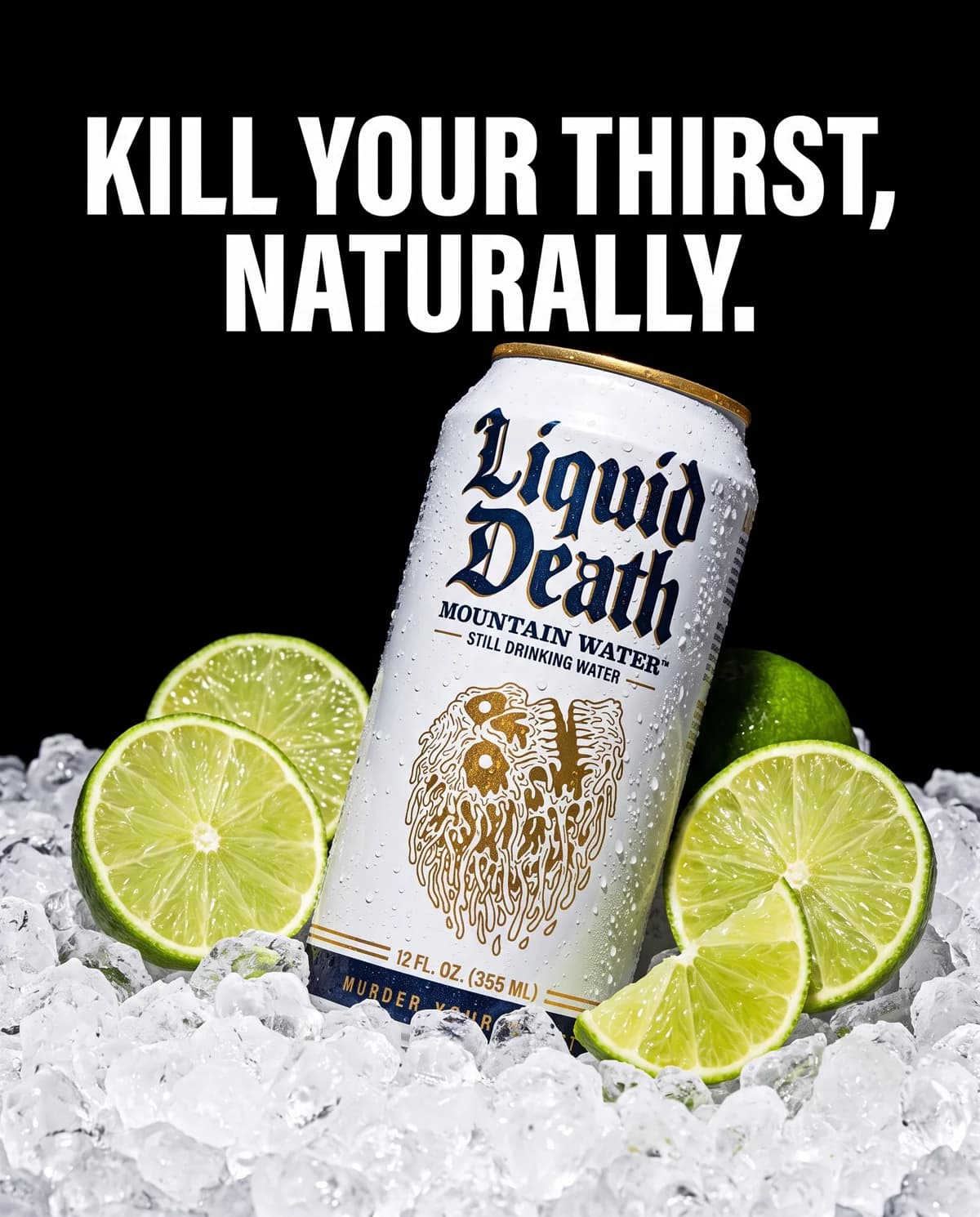 Liquid Death ad with the can on crushed ice surrounded by lime halves, headline reads Kill Your Thirst, Naturally.
