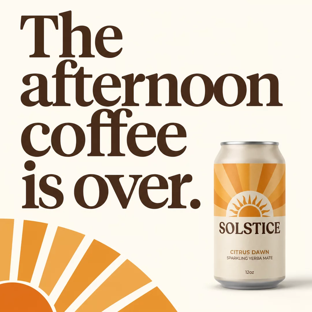 Solstice serif editorial ad generated with Lothar AI, headline reads The afternoon coffee is over.