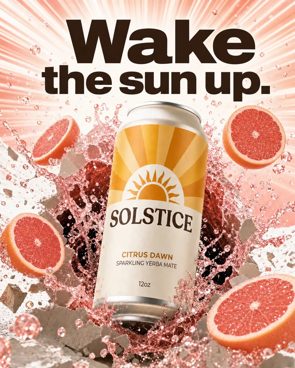The same Solstice burst ad after the edit, the splash now in deep pink grapefruit tones with grapefruit halves around the can