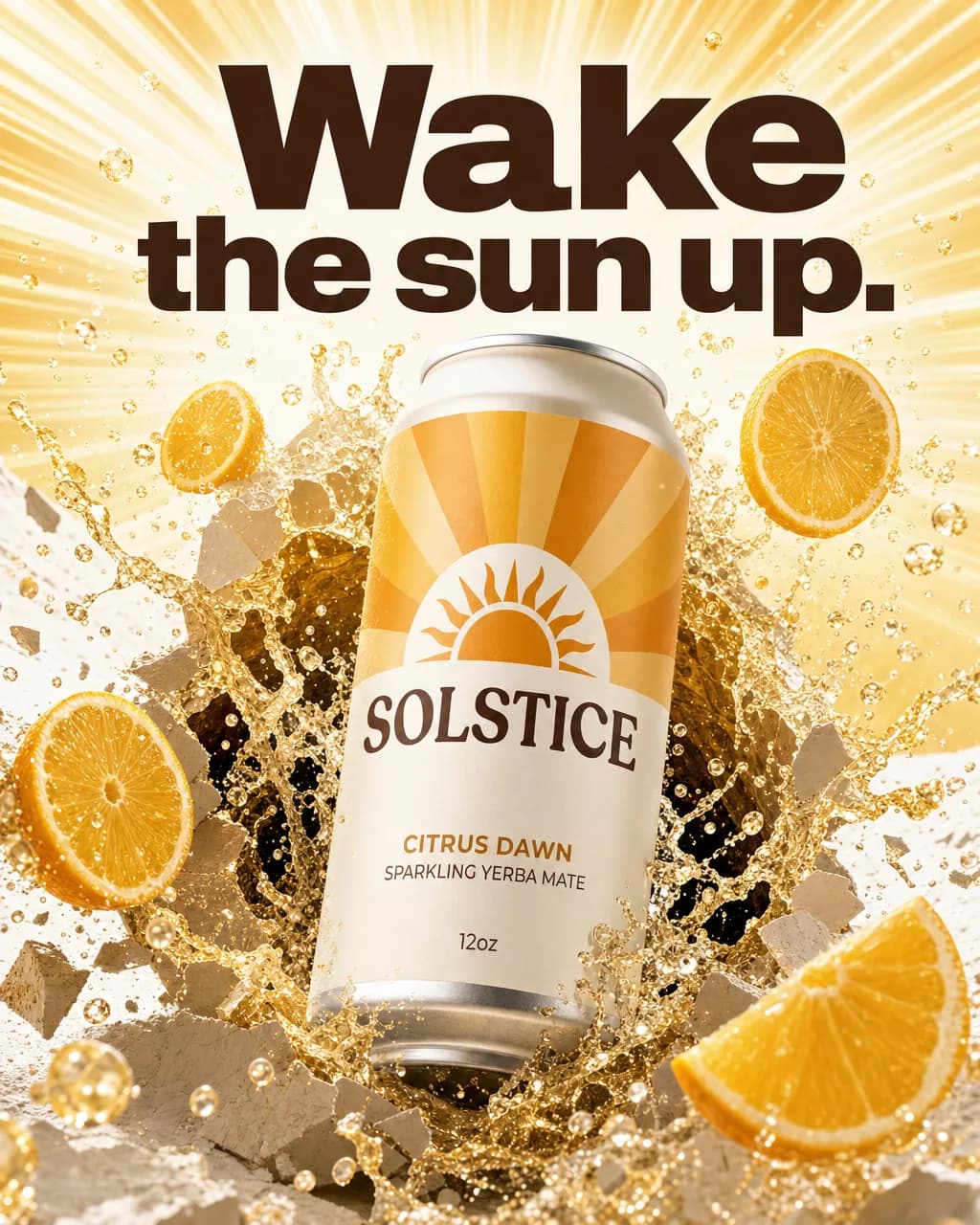 Solstice can bursting through a wall in a golden splash with lemon and orange slices, headline reads Wake the sun up.